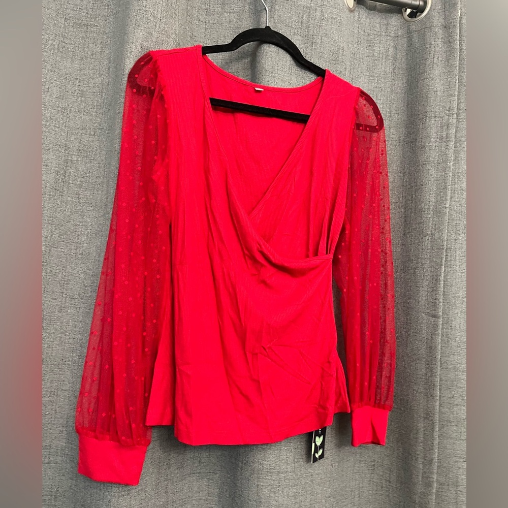 Womens Tops Deep V Neck Cross Wrap Sexy Tops Polka Dot Mesh Long Sleeve T Shirt - Picture 8 of 9